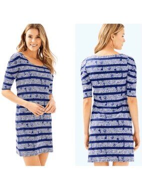 Lilly Pulitzer La Jolla Dress Size XS High Tide Navy Stripe Tropical Seashell